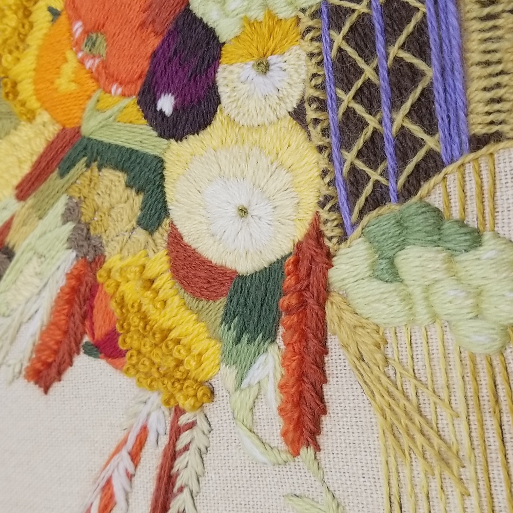 Large Vintage Crewel Embroidered Fruit Vegetable Basket Wall Hanging Pic… - Picture 15 of 17